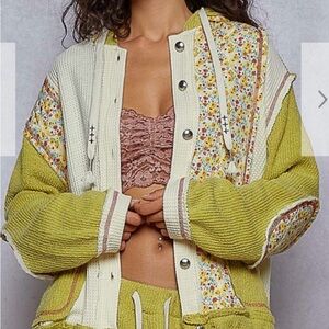 POL Floral Patchwork Knit Cardigan Drawstring Waist- Lime & Cream